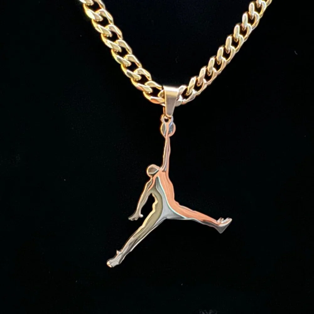 Gold Jordan Jumpman Pendant Necklace - 5mm - 22" Cuban Chain MJ - Gold Plated - Picture 1 of 2